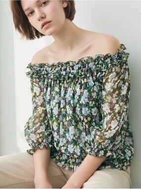 Maje Lulli Silk Metallic Floral Print Ruffle Off The Shoulder Blouse Semi-Sheer